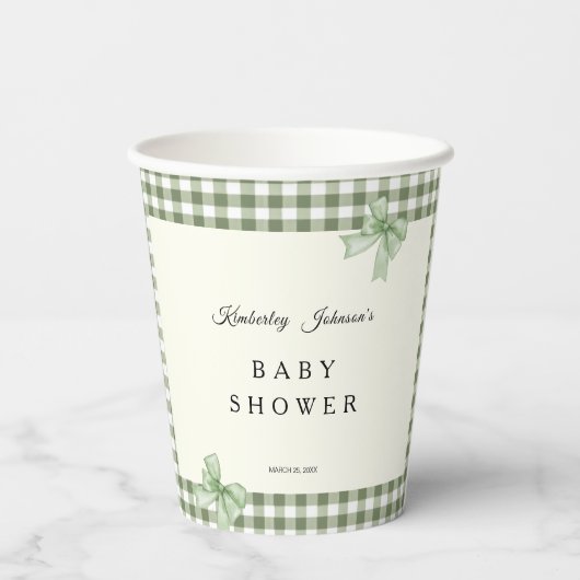 Sage Green Gingham Baby shower Uitnodiging & Bogen Papieren Bekers (Achterkant)