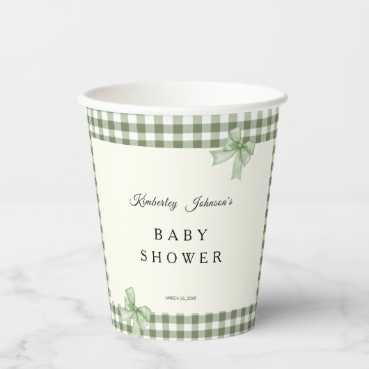 Sage Green Gingham Baby shower Uitnodiging & Bogen Papieren Bekers (Voorkant)