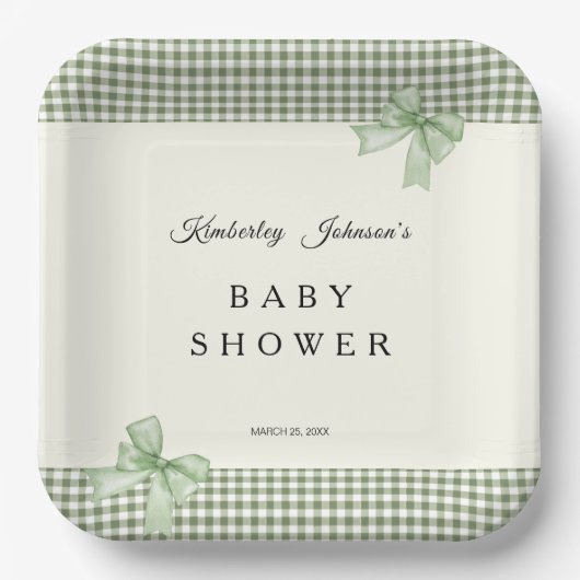 Sage Green Gingham Baby shower Uitnodiging & Bogen Papieren Bordje (Voorkant)