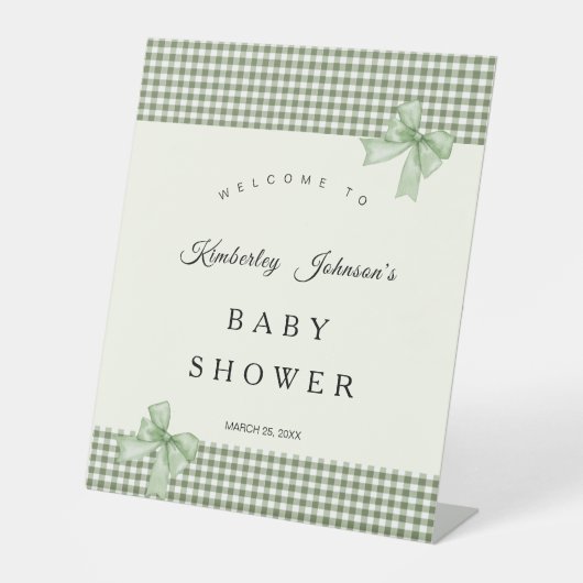Sage Green Gingham Baby shower Uitnodiging & Bogen Reclamebord Met Voetstuk (Voorkant)