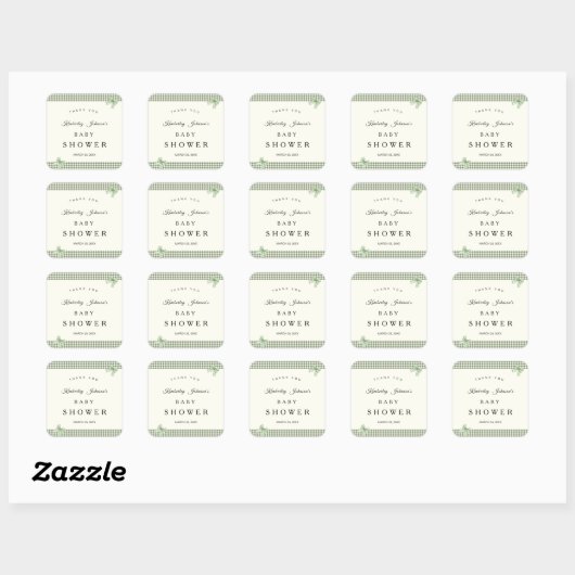 Sage Green Gingham Baby shower Uitnodiging & Bogen Vierkante Sticker (Vel)