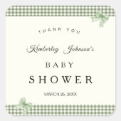 Sage Green Gingham Baby shower Uitnodiging & Bogen Vierkante Sticker (Voorkant)