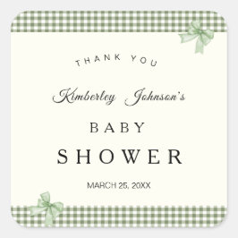 Sage Green Gingham Baby shower Uitnodiging & Bogen Vierkante Sticker