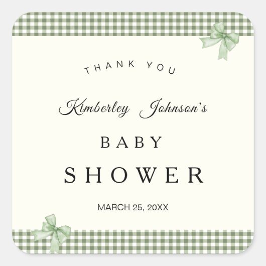 Sage Green Gingham Baby shower Uitnodiging & Bogen Vierkante Sticker (Voorkant)