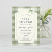 Sage Green Gingham Baby shower Uitnodiging met boo (Staand voorkant)