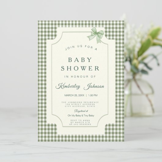 Sage Green Gingham Baby shower Uitnodiging met boo (Staand voorkant)