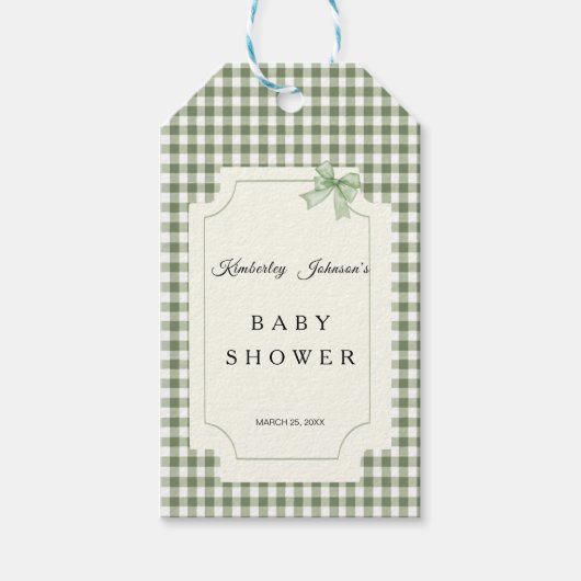 Sage Green Gingham Baby shower Uitnodiging met boo Cadeaulabel (Voorkant)