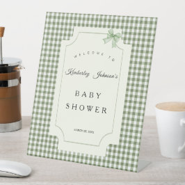 Sage Green Gingham Baby shower Uitnodiging met boo Reclamebord Met Voetstuk