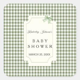 Sage Green Gingham Baby shower Uitnodiging met boo Vierkante Sticker