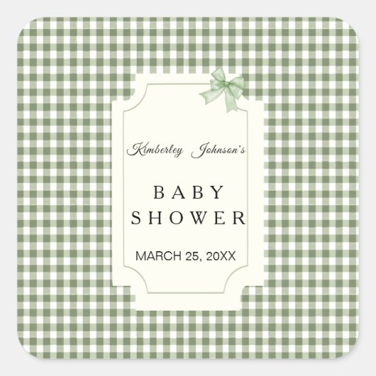 Sage Green Gingham Baby shower Uitnodiging met boo Vierkante Sticker (Voorkant)