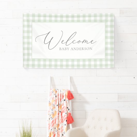 Sage Green Gingham Baby shower Welkom Spandoek (Insitu)