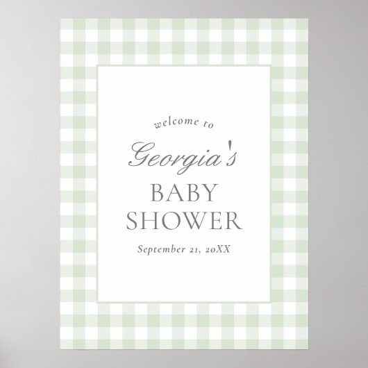 Sage Green Gingham Baby shower Welkomstbord Poster (Voorkant)