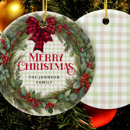 Sage Green Gingham Boerderij Kerstkrans Keramisch Ornament