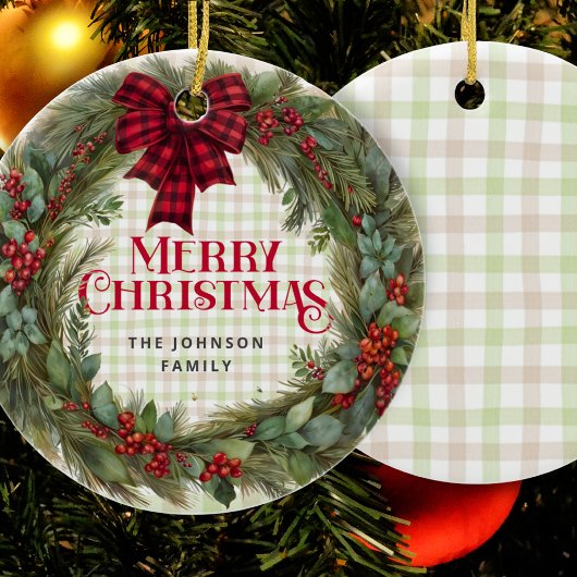 Sage Green Gingham Boerderij Kerstkrans Keramisch Ornament