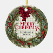 Sage Green Gingham Boerderij Kerstkrans Keramisch Ornament (Voorkant)
