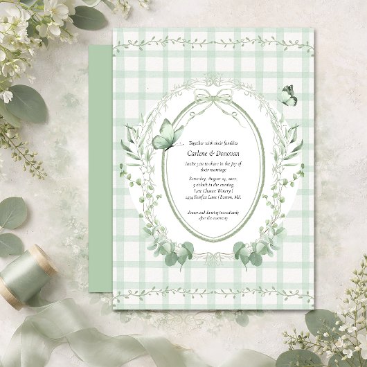 Sage Green Gingham Botanical Wedding | Kaart