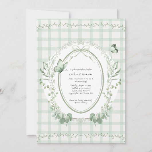 Sage Green Gingham Botanical Wedding | Kaart (Voorkant)