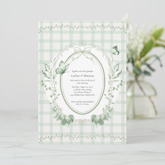 Sage Green Gingham Botanical Wedding | Kaart (Staand voorkant)