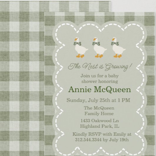 Sage Green Gingham Buffalo Check Goose Baby Shower Kaart