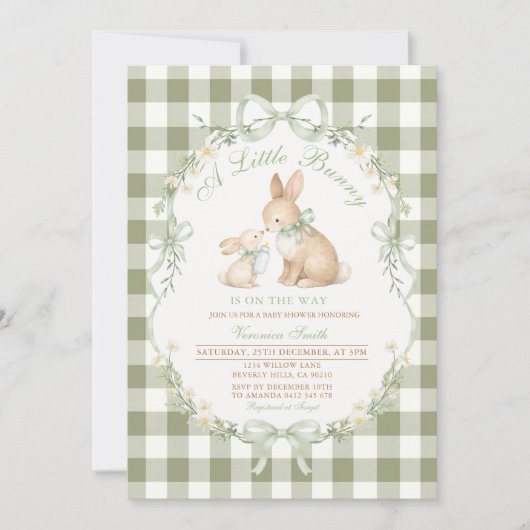 Sage Green Gingham Bunny Neutral Baby Shower  Kaart (Voorkant)