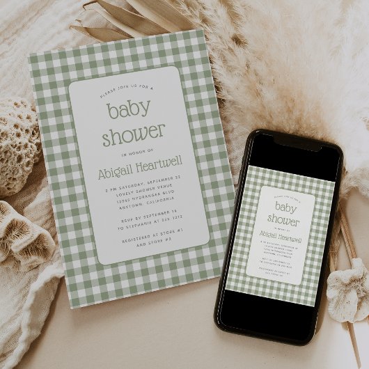 Sage Green Gingham Check Baby shower Kaart