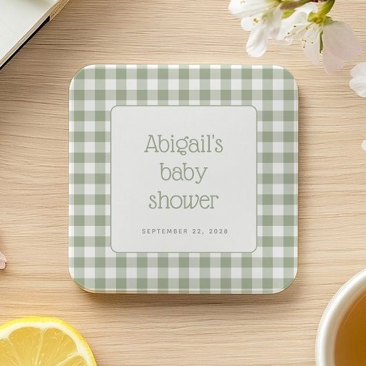 Sage Green Gingham Check Rustiek Baby shower Kartonnen Onderzetters