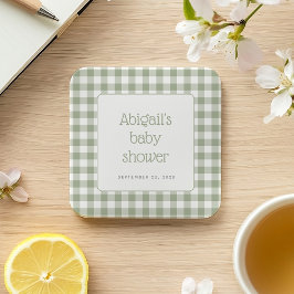 Sage Green Gingham Check Rustiek Baby shower Kartonnen Onderzetters