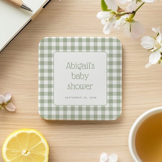 Sage Green Gingham Check Rustiek Baby shower Kartonnen Onderzetters