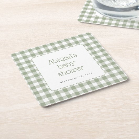 Sage Green Gingham Check Rustiek Baby shower Kartonnen Onderzetters (Schuin)