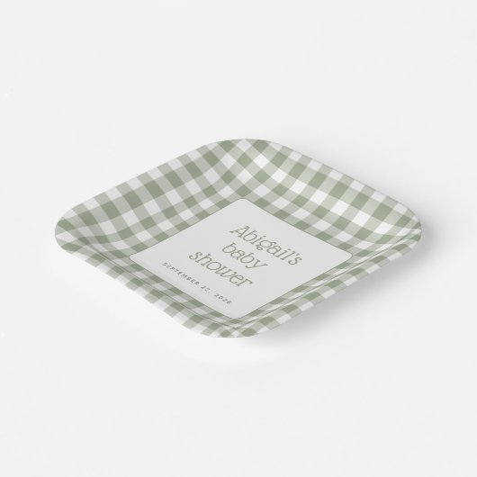 Sage Green Gingham Check Rustiek Baby shower Papieren Bordje (Gebogen)