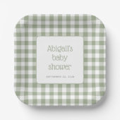 Sage Green Gingham Check Rustiek Baby shower Papieren Bordje (Voorkant)