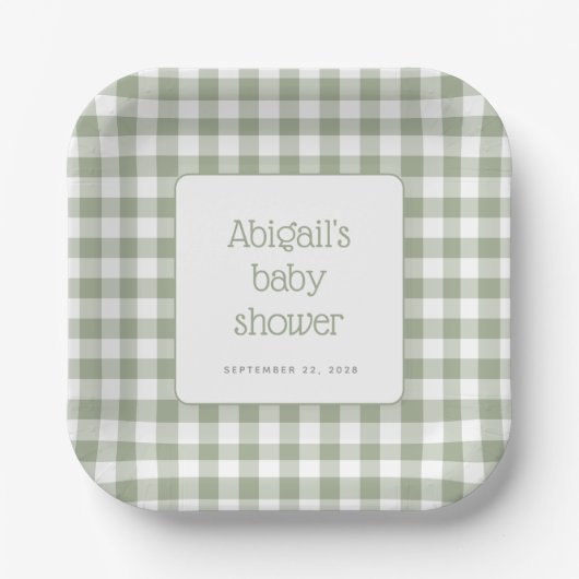 Sage Green Gingham Check Rustiek Baby shower Papieren Bordje (Voorkant)