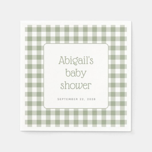Sage Green Gingham Check Rustiek Baby shower Servet (Voorkant)