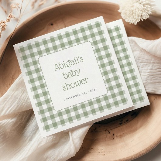 Sage Green Gingham Check Rustiek Baby shower Servet