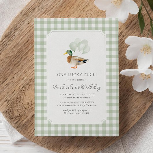 Sage Green Gingham Duck 1e verjaardag Kaart