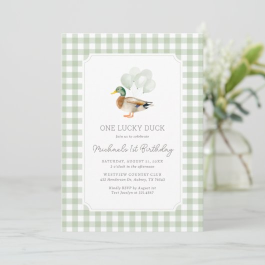 Sage Green Gingham Duck 1e verjaardag Kaart (Staand voorkant)