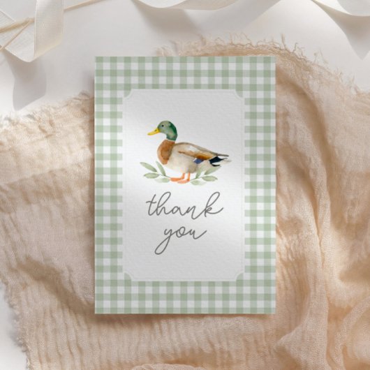 Sage Green Gingham Duck Baby shower Bedankkaart