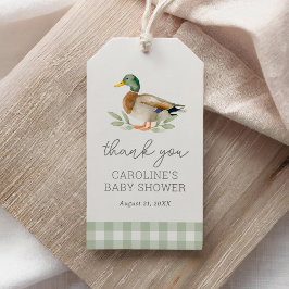 Sage Green Gingham Duck Baby shower Cadeaulabel