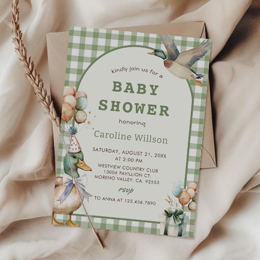 Sage Green Gingham Duck Baby shower Kaart