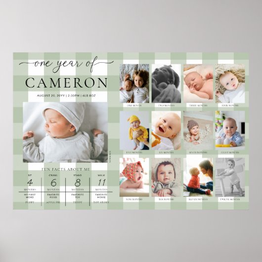 Sage Green Gingham eerste verjaardag foto mijlpaal Poster (Voorkant)