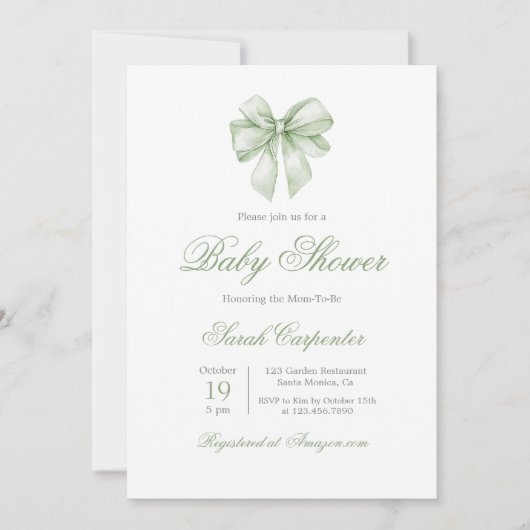 Sage Green Gingham en Bow Baby shower Kaart (Voorkant)