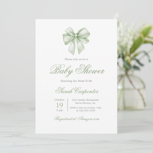 Sage Green Gingham en Bow Baby shower Kaart (Staand voorkant)