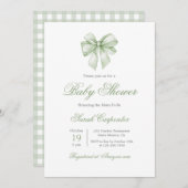 Sage Green Gingham en Bow Baby shower Kaart (Voorkant / Achterkant)