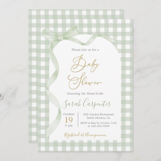 Sage Green Gingham en Bow Baby shower Kaart (Voorkant / Achterkant)