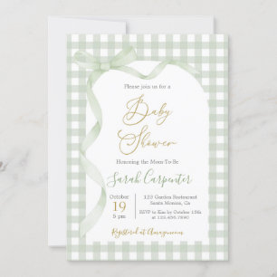 Sage Green Gingham en Bow Baby shower Kaart