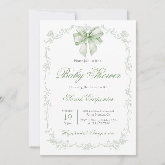 Sage Green Gingham en Bow Baby shower Kaart (Voorkant)