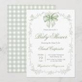 Sage Green Gingham en Bow Baby shower Kaart (Voorkant / Achterkant)