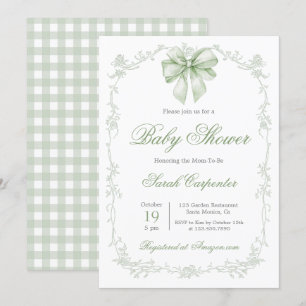 Sage Green Gingham en Bow Baby shower Kaart