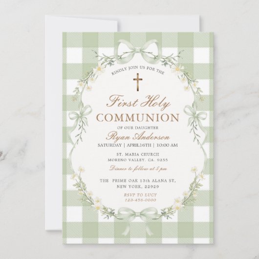 Sage Green Gingham First Holy Communion Invitation Kaart (Voorkant)
