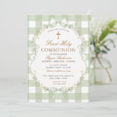 Sage Green Gingham First Holy Communion Invitation Kaart (Staand voorkant)